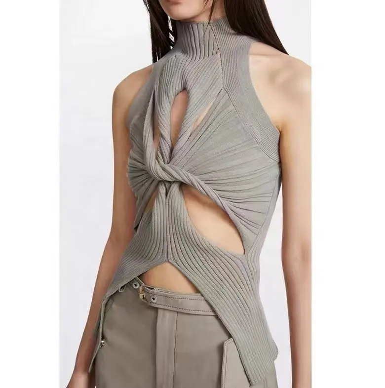 OUDINA Customize Fashion Women Summer Knit Tops Hollow Irregular Sleeveless Turtleneck Vest Knitted Tank Top