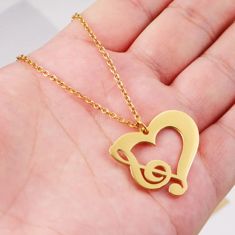 Best Selling Gold Plating Titanium Steel Musical Note Pendant Necklace Stainless Steel Hollow Heart Necklace