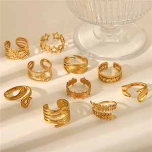 Bague ajustable en acier inoxydable plaqué or 18 carats, motif géométrique serpent, feuilles et plumes, à ouverture par pression, pour femmes et hommes, à <span class=keywords><strong>prix</strong></span> abordable - Product Image 2