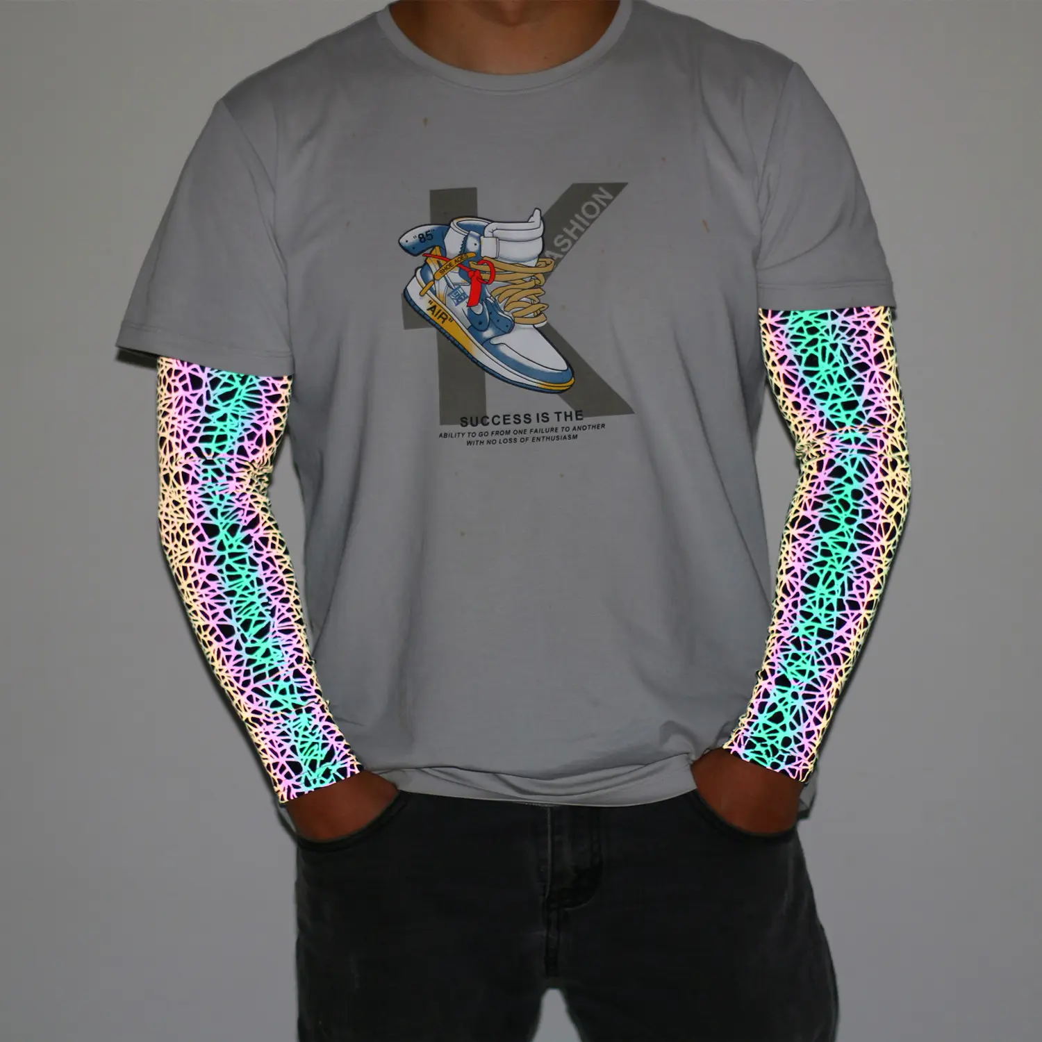 men's polyester driving hip hop nightclub stage mussy pattern high bright reflective holographic elbow sleeve brace supporter