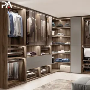 Pa móveis do quarto design moderno porta de vidro guarda-roupa de madeira caminhada no armário