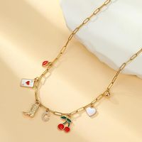 Gouden, vergulde ketting met initiaal, kersenhart, fruit, western cowgirl stijl, met diamant en parel, geschikt als bruiloftcadeau.