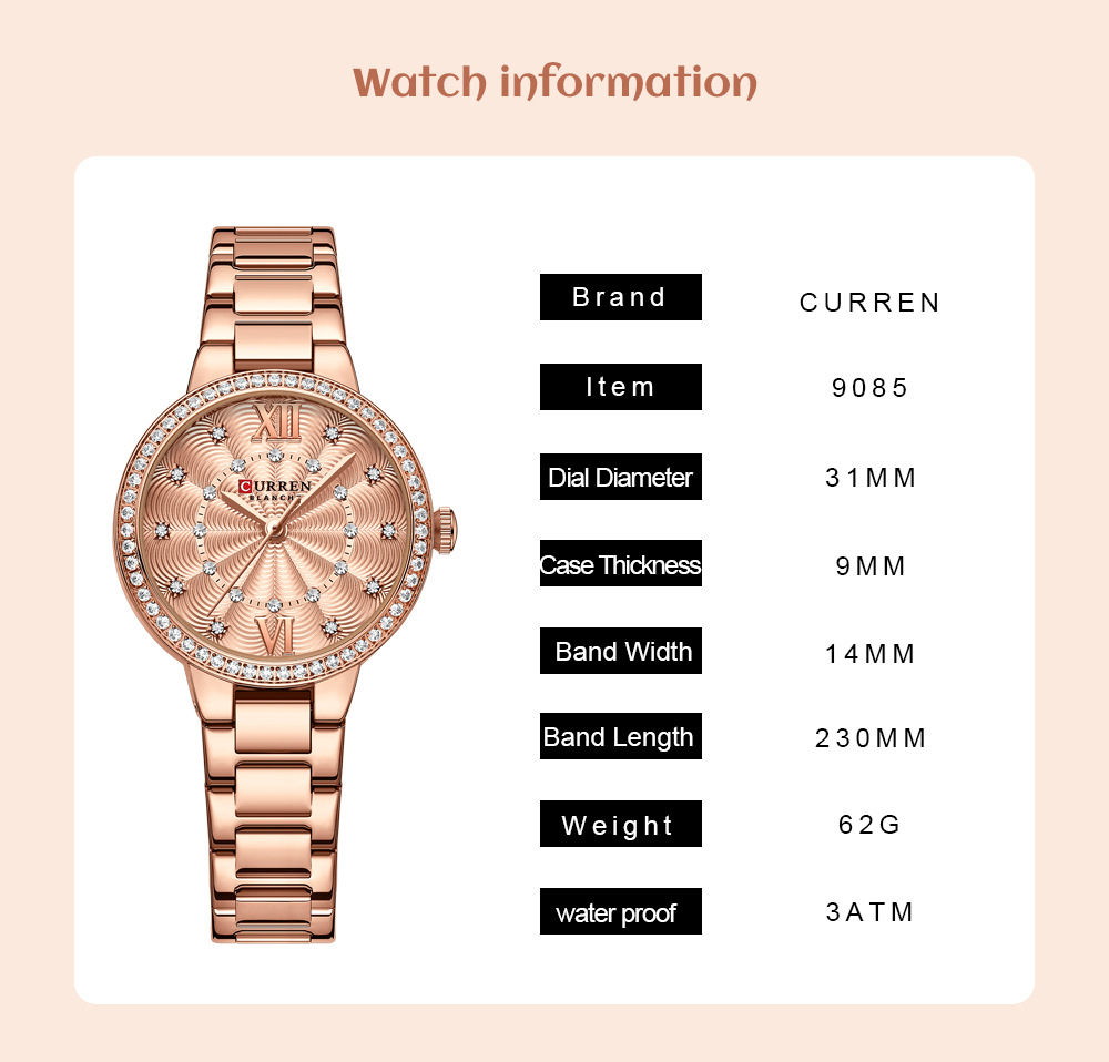 CURREN — montre-Bracelet en acier inoxydable pour femmes, marque de luxe, Bracelet classique décontracté, horloge, 9085