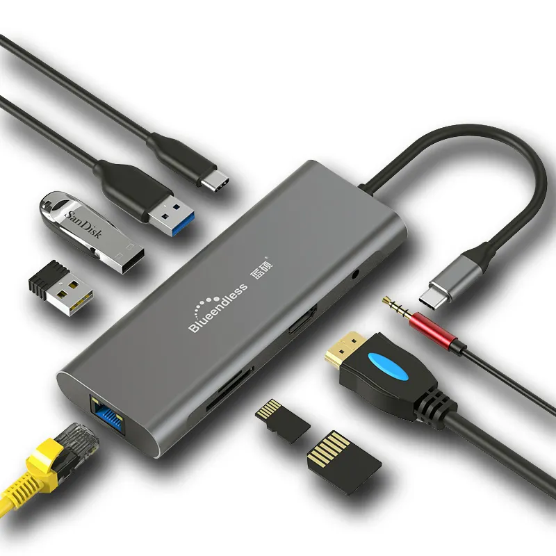 Blueendless-concentrador de red usb tipo c 9 en 1, adaptador de 30 usb c con pd para mac-book, HC901