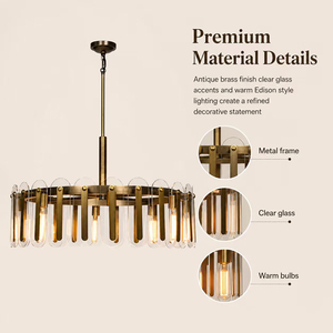 Lustre moderne en laiton avec disques en verre transparent - Suspension vintage anneau style mid-century pour salon, salle à manger, éclairage personnalisé - Product Image 2
