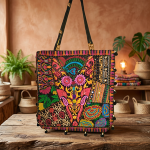 Sac à main vintage multicolore Banjara Hippo avec travail de miroir, mode été, sac à bandoulière, fermeture éclair, broderie en coton, toutes saisons - Product Image 2