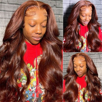 Perruques Lace Front en Cheveux Humains Naturels, Sans Colle, Brun Rougeâtre, Cheveux Bruts Brésiliens, Ondulés, Pré-Pluckées, Perruques Frontales HD Lace pour Femmes