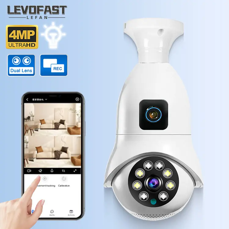 LEVOFASTデュアルレンズカメラホームワイヤレスWiFi360度パノラマPTZHD携帯電話リモートセキュリティ電球カメラ