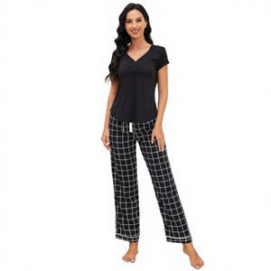 ชุดนอนผู้หญิง SWD แขนสั้น คอวี ผ้าถักเนื้อนุ่มลื่น สีพื้น สองชิ้น พร้อมขอบเอวยางยืด สำหรับฤดูใบไม้ร่วง/ฤดูใบไม้ผลิ - Product Image 4