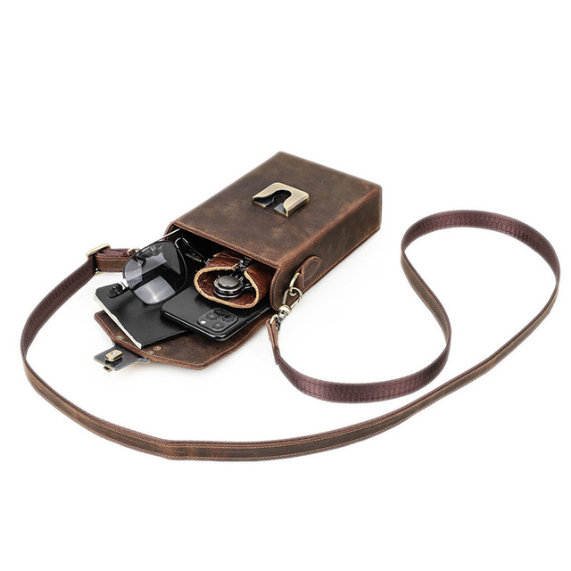 Handmade Vintage Crazy Horse Leather Crossbody Phone Bag Multi Card Slot Shoulder Pouch for Large Screen Smartphone