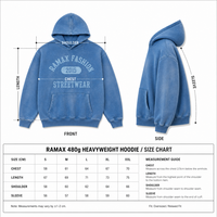 Sweat-shirt à capuche RAMAX personnalisé 480g épais bleu délavé pour homme, motif graphique High Street Archive, streetwear, vente en gros B2B