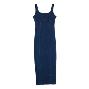 ZHEZHE moda 2024 verano Mujer sin mangas cuello cuadrado Maxi vestidos de mezclilla elástico único Jeans elegante vestido dividido - Product Image 2
