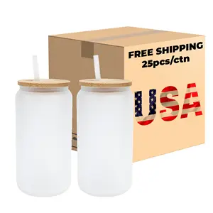 USA Warehouse Hot Sale Sublimation Blanks 16oz Clear Frosted Tea Beer Glass Cup with Bamboo Lid and Straw