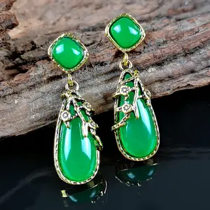 Fashion plum Emerald green imitation chalcedony Jade earrings Bohemian vintage branch flower earrings for women