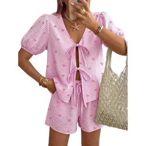 Ensemble 2 pièces pour femmes, haut à rayures et short à nouer sur le devant, tenue de plage décontractée, tissu Oxford respirant, col en V, manches courtes - Product Image 1