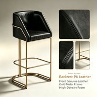 Chaise de bar moderne de luxe en métal doré, revêtement en cuir véritable à l'avant et en PU à l'arrière, hauteur de siège personnalisable, tabouret de bar pour bar, café, restaurant
