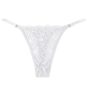 Culotte string en dentelle florale blanche tricotée pour femme, maille transparente, fines bretelles, sous-vêtement sexy respirant taille basse, vente en gros - Product Image 1