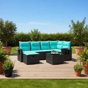 Set Divano da Esterno in Polyrattan Nero con Cuscini, 7 Pezzi, Arredamento da Giardino Elegante - Product Image 2