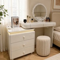 Ensemble Coiffeuse et Miroir LED de Luxe en MDF Crème Français Premium, Réglable en Hauteur, avec Grands Tiroirs pour Chambre à Coucher