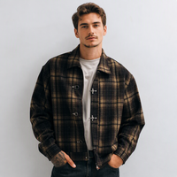 Veste décontractée élégante pour homme en tissu écossais noir et blanc avec garniture en cuir PU, simple boutonnage, automne