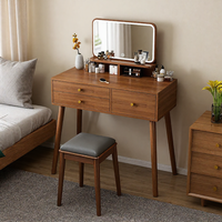 Ensemble coiffeuse en bois avec miroir rond et tabouret rembourré