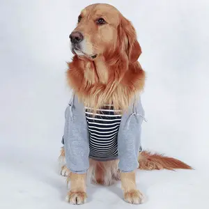 Pakaian anjing hangat bergaris berkerudung anjing Hoodie Musim Dingin & saku musim gugur klasik hewan peliharaan kain Hoodie untuk anjing sedang dan besar