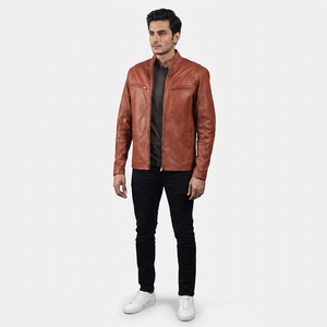 Tan Brown Quilted Genuine <b>Leather</b> Varsity <b>Jacket</b> with Viscose Lining Breathable Finer Threads High Street Style for <b>Men</b> - Product Image 1
