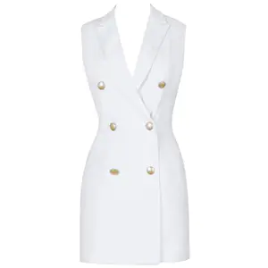  Robe Blazer décontractée pour femmes, blanche, boutonnage court, sans manches, tenue de bureau, nouveau Style, collection 2020