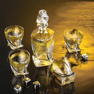 Custom Logo Engraved 5 Pieces 22 Oz 630ml Twisted Crystal Glass Liquor Whiskey Decanter Set With 4 Old Fashioned Glasses