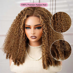 Perruques en cheveux humains bouclés birmans blonds avec mèches, densité 250 %, sans colle, avec closure en dentelle pré-découpée 5x5, vente en gros - Product Image 1