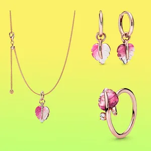 Original Sparkling Pink Murano Glass Leaf Hoop Earrings For Women 925 Sterling Silver Wedding Gift Fashion Jewelry