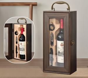 Boîte-cadeau de bouteille de <span class=keywords><strong>vin</strong></span> brûlée rustique en <span class=keywords><strong>bois</strong></span> massif poli décoratif bouteille stockage étui de transport couvercle verrouillé étiquette de tableau pour - Product Image 3