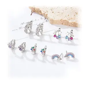 Ladies Fine Jewelry 925 Sterling Silver Cute Huggies Stud Rainbow Stars Flowers Zircon Earrings For Girls