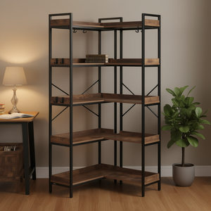 Étagère d'angle en bois en forme de L à 5 niveaux avec crochets pour la maison, le bureau ou le salon - Product Image 2