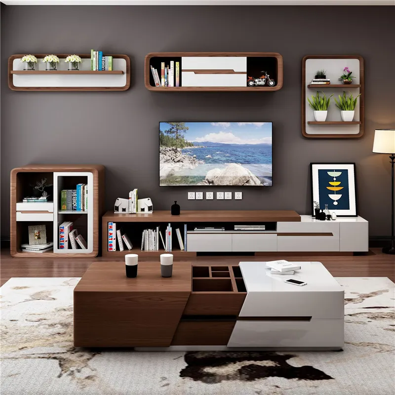 Prix de gros moderne en bois avec support TV en verre pour meuble TV de meubles de salon