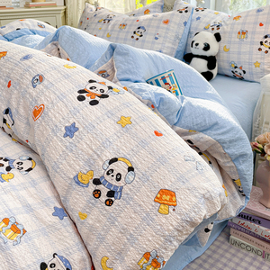 Adorable Panda &amp; <strong>Bear</strong> Puff Double Gauze 4-Piece Duvet Cover Set - Ultra-Soft &amp; Breathable for Child's Room - Product Image 2