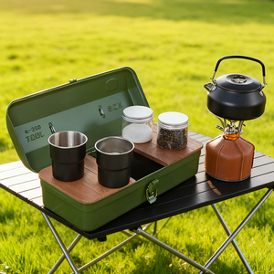 ハイキング用緑色キャリーケース収納ボックス、ポータブルキャンプ用金属ボックス、ティーセット、アラビアティーセット（ケトル、カップ、ストーブ付き） - Product Image 4
