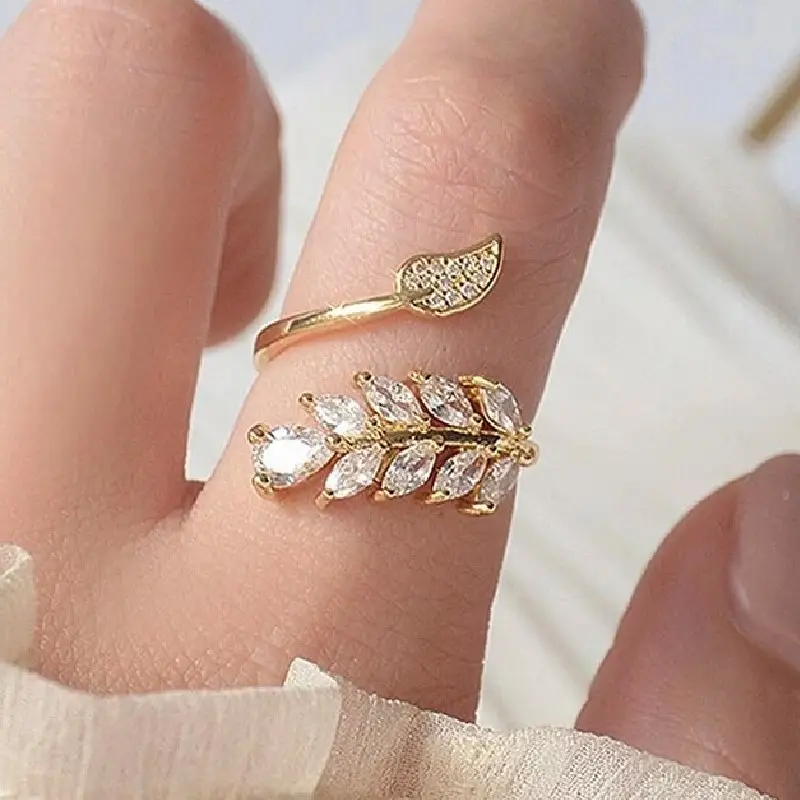 CAOSHI 18K Leaves Jewelry Women Finger Ring Fashion Cz Zircon Wedding Engagement Leaf Adjustable Open Size Gold Color Rings