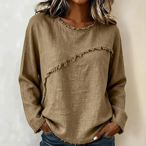Nuova <span class=keywords><strong>Maglietta</strong></span> Casual da Donna Primavera-Autunno, Maniche Lunghe, Vestibilità Ampia, Collo Tondo, Bordo Grezzo con <span class=keywords><strong>Frange</strong></span> - Product Image 5