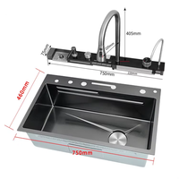 Évier de cuisine multifonctionnel Whale avec affichage numérique, évier simple grand format de luxe en acier inoxydable 304 avec revêtement nano, pour une égouttée optimale