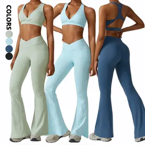 Senhoras esportes e lazer stretch pocket yoga pants sets fitness loose flared leggings Gym yoga wear