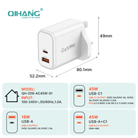 45W GaN PD3.0 QC3.0 SCP Yangına Dayanıklı Hızlı Şarj Adaptörü, Telefonlar/Tabletler/Dizüstü Bilgisayarlar ve Akıllı Saatler için Type-C/AC Girişli