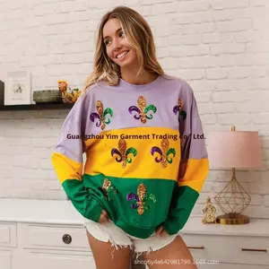 Mardi Gras Sequin Sweatshirt <strong>Women</strong> Oversized Color Block Pullover <strong>Sparkly</strong> Fleur De Lis Festival Top - Product Image 3