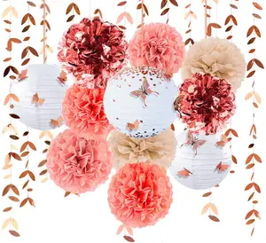 Kit di decorazione per feste in oro rosa lanterne fiore Pom Pom con adesivi farfalla 3D foglia ghirlanda Banner per matrimonio di compleanno