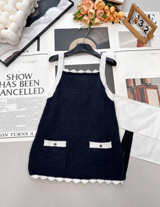 Chaleco de punto con borde ondulado en contraste de color para mujer, sin mangas, con botones y bolsillos, informal, holgado, elegante, para uso diario, versátil, prenda exterior. - Product Image 1