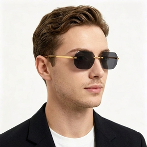 Lunettes de soleil métalliques sans monture unisexe de luxe, coupe diamant, couleur cuivre doré, protection UV400, anti-reflet, polygonales, personnalisables – Meilleures ventes - Product Image 2