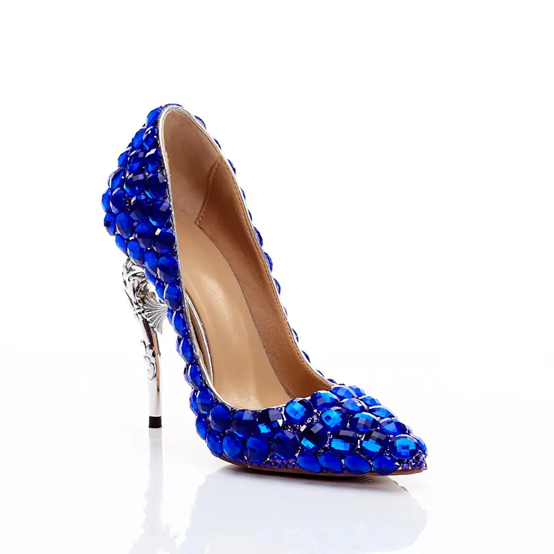 Sandália stiletto bico de cristal azul royal, sapato feminino de salto alto personalizado, novo design da moda, 2022