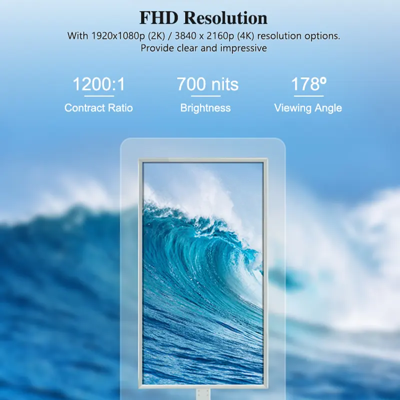 Soluzione personalizzata 55 65 pollici Ad alta luminosità doppio lato Android Os appeso finestra Lcd rivolto verso il Display Video annuncio Digital Signage