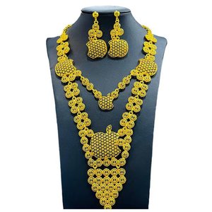 Ensemble collier et boucles d'oreilles plaqué or 24 carats, bijoux ethniques de mariage pour femmes, design floral, ensembles de bijoux tendance - Product Image 2