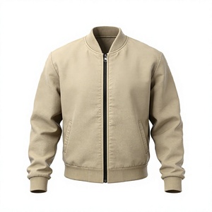 Unisex Beige Bomber Jacket Track Zipper Closure Stand Collar Casual Winter Wear Regular Fit Solid Color Waterproof Front - Product Image 1